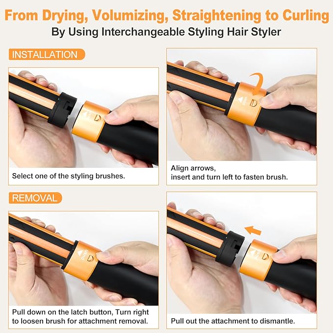 Hair Styler Hair Dryer Brush - 110,000 RPM High-Speed Hot Air Styler,Multi Stylers with Auto-Wrap Curler, Professional Blow Dryer Brush for Fast Curling Volumizing Styling (Black-Orange)