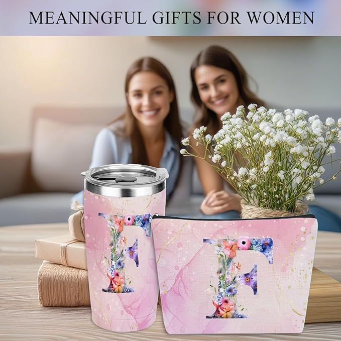 Personalized Gifts Monogrammed Birthday Gifts for Women, Aunt Grandma Retirement Christmas Initial 20 oz Tumbler, Makeup Bag Cup Ballpoint Pens Journal Notebook 6 Set, (Aesthetic Pink Flower F)