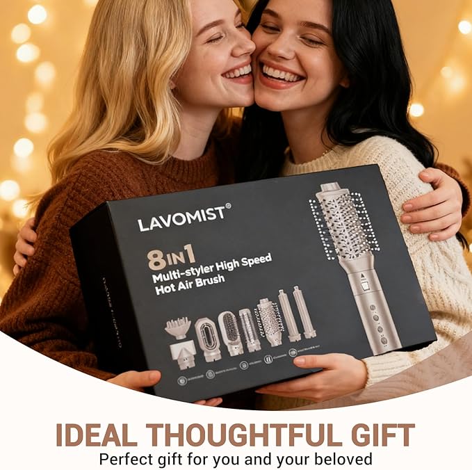8-in-1 Dual Voltage Hot Air Styler & Hair Dryer Brush with Straightener & Curler Attachments, 110,000 RPM Ionic Fast Drying for Frizz-Free Styling, Includes Travel Bag