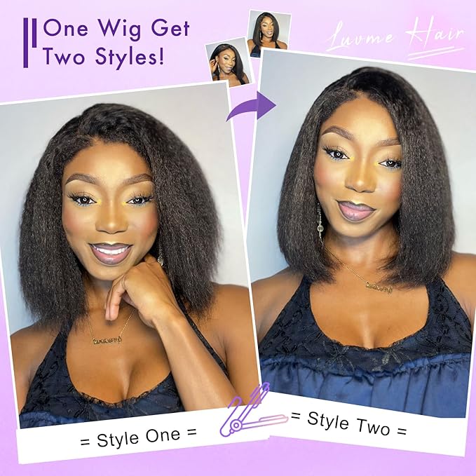 LUVME HAIR 4C Kinky Edges Lace Front Bob Wig 10 Inch Short Kinky Straight Human Hair Wig Glueless Deep Side Parted Lace Bob Wig with Natural Hairline For Women