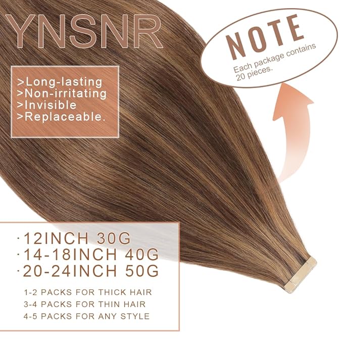 Human Hair Tape in Extensions Brownish Brown to Brownish Yellow 20 Inch Invisible Tape in Hair Extensions Human Hair for Women Hair Extensions Real Human Hair Tape in