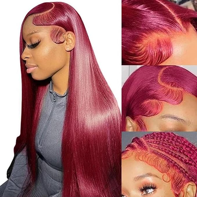 Burgundy Wig Human Hair 26inch 13x6 HD Transparent Lace Straight 99J Red Human Hair Wig Colored Reddish Brown Lace Frontal Wigs 180% Density Pre Plucked
