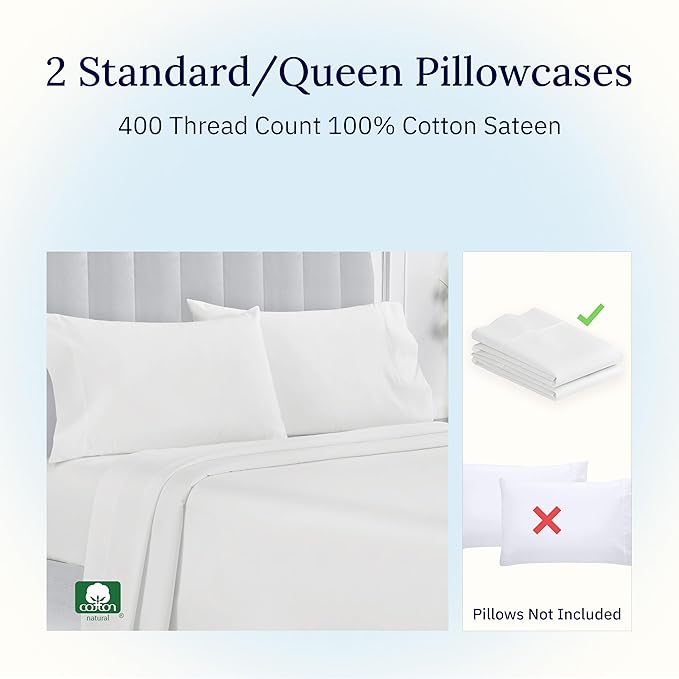 California Design Den Standard Queen Size Pillowcase Set - 400 Thread Count, 100% Cotton Sateen, Set of 2 Pillow Covers, Soft and Breathable - Antique White