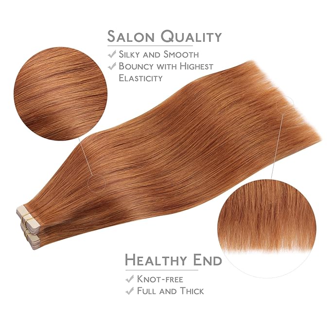 WENNALIFE Tape in Hair Extensions, 40pcs 100g 18 Inch Dirty Ginger Human Hair, Straight Invisible Reusable Real Extensions