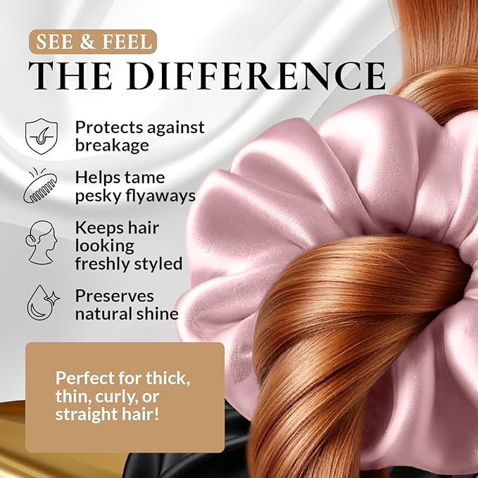 100% Pure 22 Momme Mulberry Silk Scrunchies (Set of 3) | Highest grade (6A) Luxury Hair Ties| (Black,White,Pink) | (White, Standard/Small/Skinny)