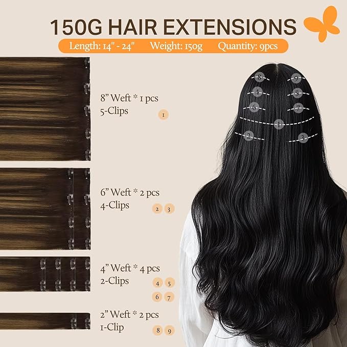 DOORES Clip in Hair Extensions Real Human Hair, Balayage Dark Brown to Chestnut Brown 18 Inch 9pcs 150g, Remy Clip in Extensions Straight Thick Weft