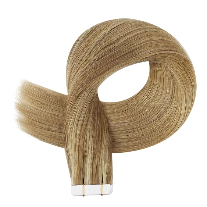 Full Shine Human Hair Extensions Tape in Color 10 Golden Brown and 16 Golden Blonde to 16 Blonde 14 Inch Invisible Seamless Tape in Hair Extensions Human Hair 20PCS 50 Grams Add Volume