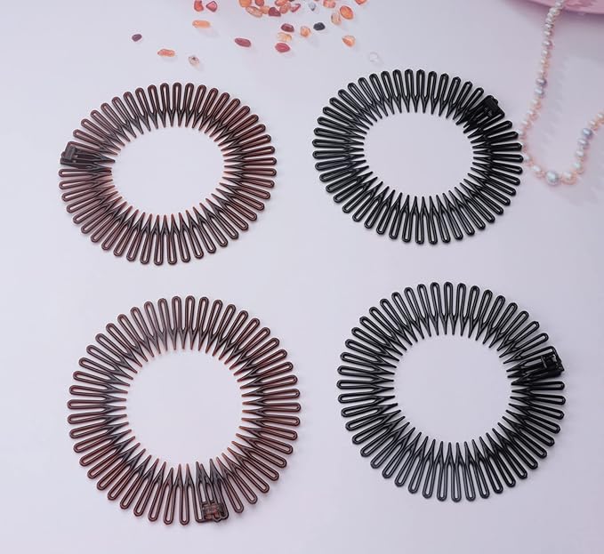 Sowaka 4 Pcs Circular Stretch Hair Wrap Holder Combs, Plastic in Black and Brown for Women Girls Outgoing Sports Hair Accessories