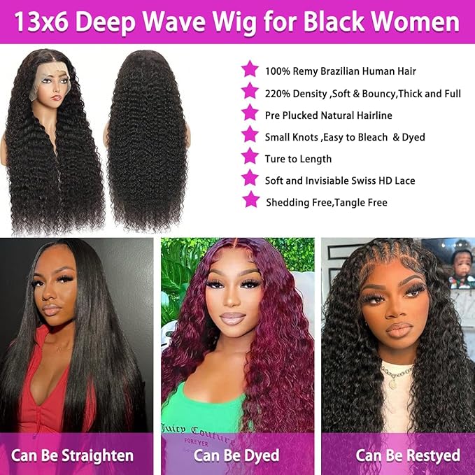 Deep Wave Lace Frontal Wigs Human Hair Pre Plucked Wet and Wavy 13X6 Lace Front Wigs Human Hair Glueless Brazilian Natural Black Deep Curly Wigs for Black Women 210% Density 18Inch