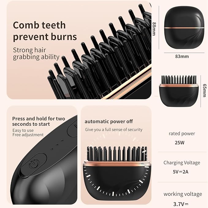 2-in-1 Cordless Hair Straightener Comb, Mini Hair Straightener, Rechargeable Wireless Portable Hair Straightener Brush, Anti Scald Shell, Portable for Home Travel Gift