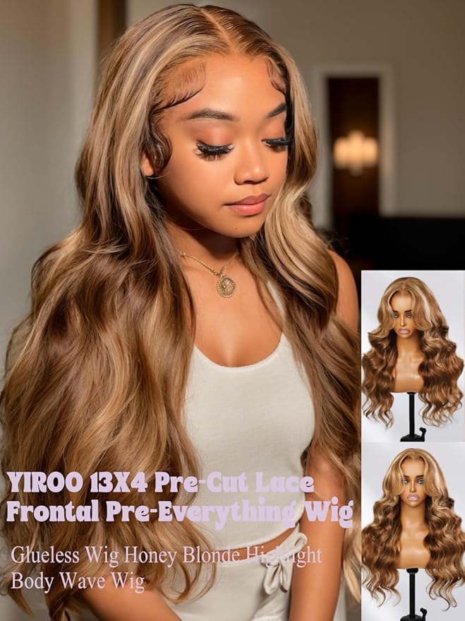 YIROO Pre Everything Wig Honey Blonde 13X4 Pre Cut Lace Front Glueless Human Hair Wigs Body Wave Brown Blonde Highlight Ombre Pre Bleached Invisible Bye Bye Knots Wig Pre Plucked 150% Density 16Inch