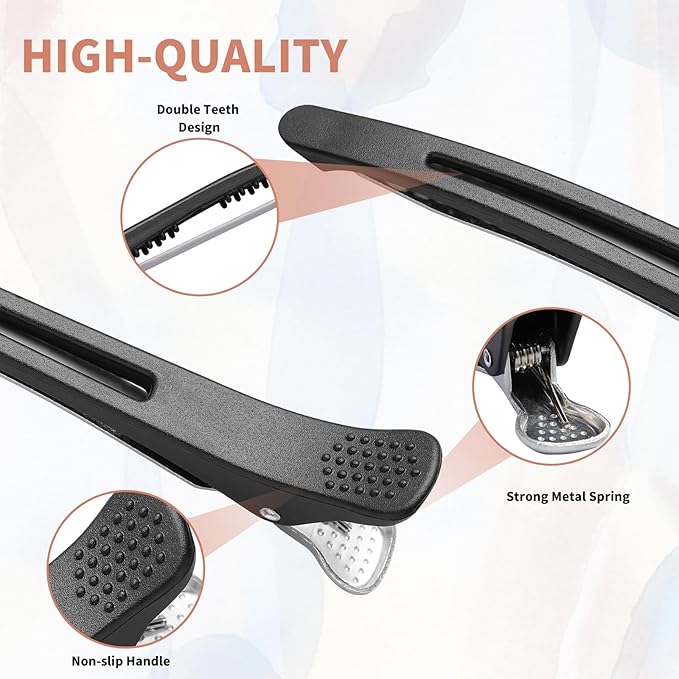 6 Pack Professional Hair Clips for Styling Sectioning, Non Slip Duck Billed with Silicone Band, Hair Roller Clips No Crease - Length 4.3'' for Salon and Home Haircuts(Black)
