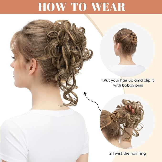 CJL HAIR 2PCS Messy Bun Hair Pieces Wavy Curly Synthetic Updo Chignon Fake Scrunchies Ponytail Extension for Women Brunette/Ash Blonde