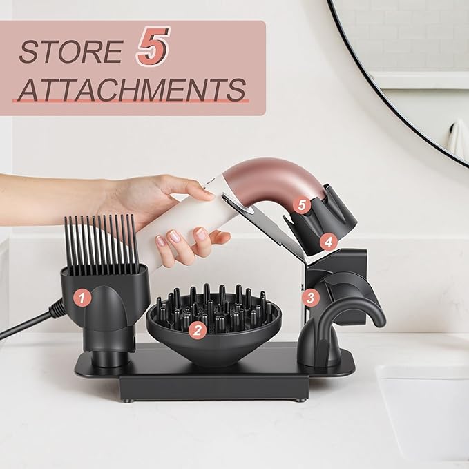 Affogato Hair Dryer Holder Stand Compatible with Dyson Supersonic, Magnetic 4 Holes Countertop Hair Dryer Organizer, Steel Storage Rack for Attachments Diffuser/Nozzles