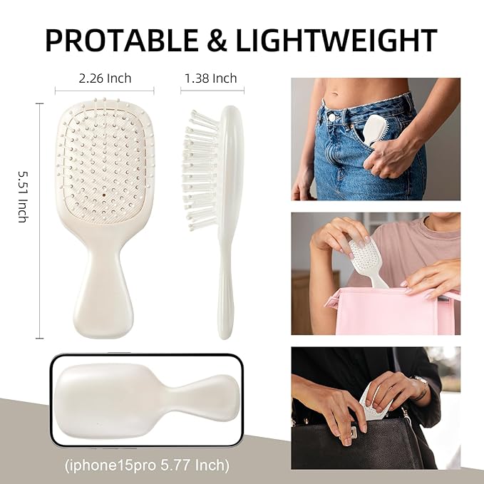Mini Hair Bursh for Women Men and Kids, Protable Travel Size Hair Brush for Pockets Purses, Mini Detangler Brush for All Hair Types, Small Paddle Brush for Detangling (White)