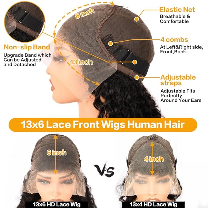 Deep Wave Lace Front Wigs Human Hair 200 Density 13x6 HD Lace Frontal Wigs Human Hair Pre Plucked Deep Curly Glueless Wigs Human Hair for Women Natural Black 24Inch