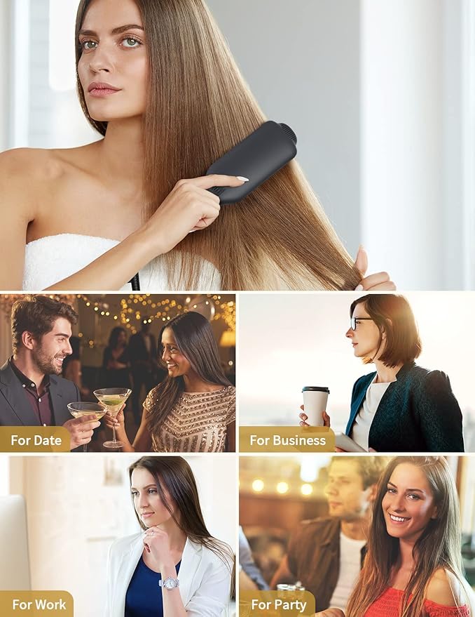 LANDOT Hair Straightener Brush for Thick Curly Hair - Ionic Ceramic Straightening Brush with Dense Bristles & 12 Temp Settings, Dual Voltage, Fast Heating for Frizz-Free Smooth Hair, Black