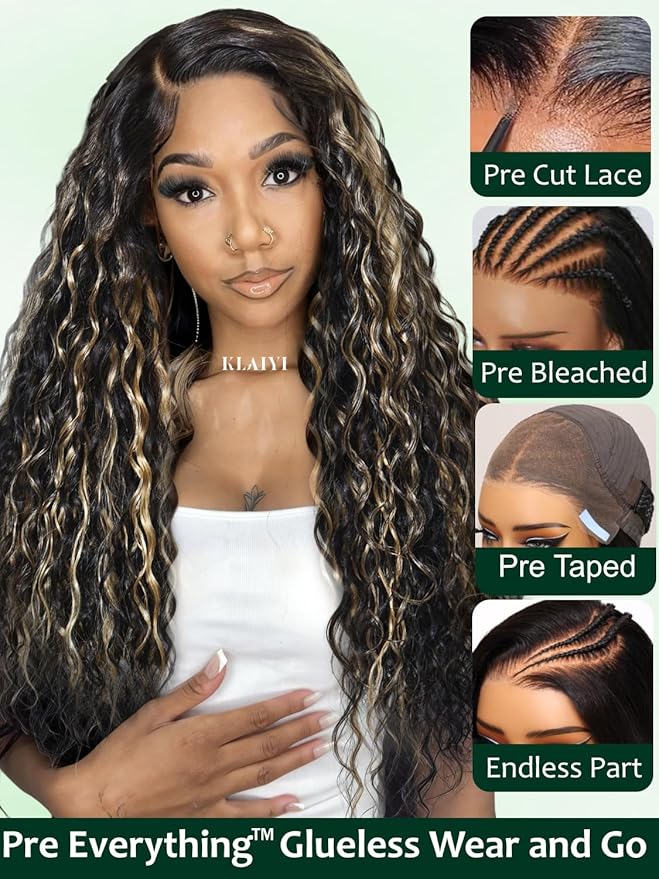 KLAIYI Ombre Highlight Blonde Water Wave Glueless Pre Everything 13x4 Lace Front Wigs Human Hair Drawstring Pre Plucked Pre Bleached Bye Bye Knots Curly Wig with Dark Roots Ready to Wear and Go 24Inch