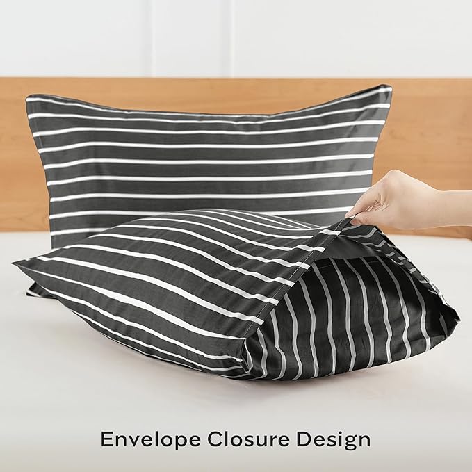 JELLYMONI 100% Natural Cotton Striped Standard Pillowcases Set, 2 Pack White and Black Stripes Pattern Printed Pillow Covers with Envelope Closure(Pillows are not Included)
