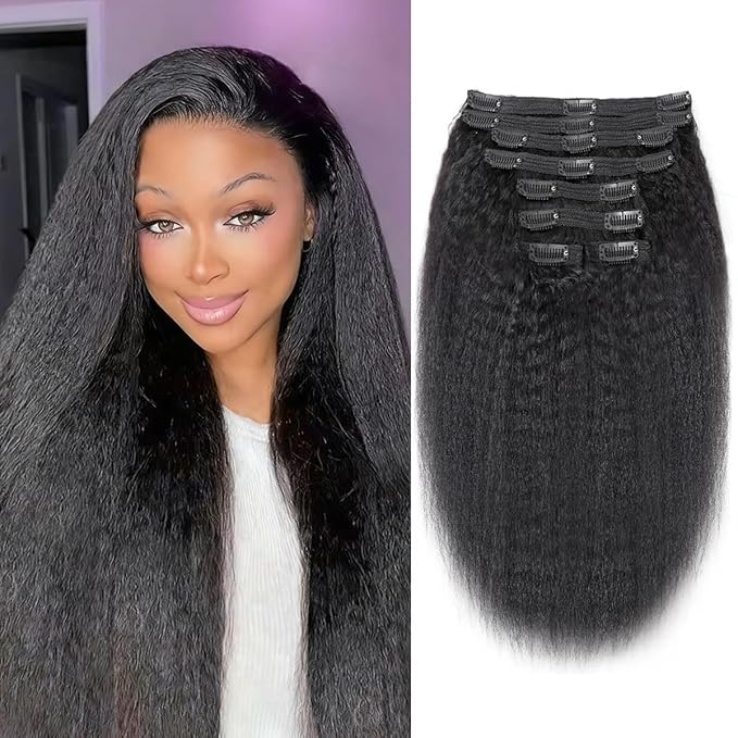 Kinky Straight Clip in Hair Extensions Real Human Hair 8Pcs Remy Human Hair Clip in Extensions for Women, Natural Human Hair 120g 24inch #1B Natural Black