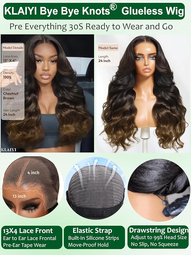 KLAIYI Ombre Brown Loose Body Wave 13x4Pre Everything Lace Frontal Chestnut Brown Drawstring Wig with Face Framing Layers Precut Lace Pre Plucked Bleached Bye Bye Knots Ready to Wear and Go Wig 26Inch