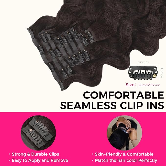 Lashey Seamless Clip in Hair Extensions Human Hair 130g 9pcs 16 Inch Body Wave #2 Dark Brown Clip in Hair Extensions for Women PU Weft Hair Extension