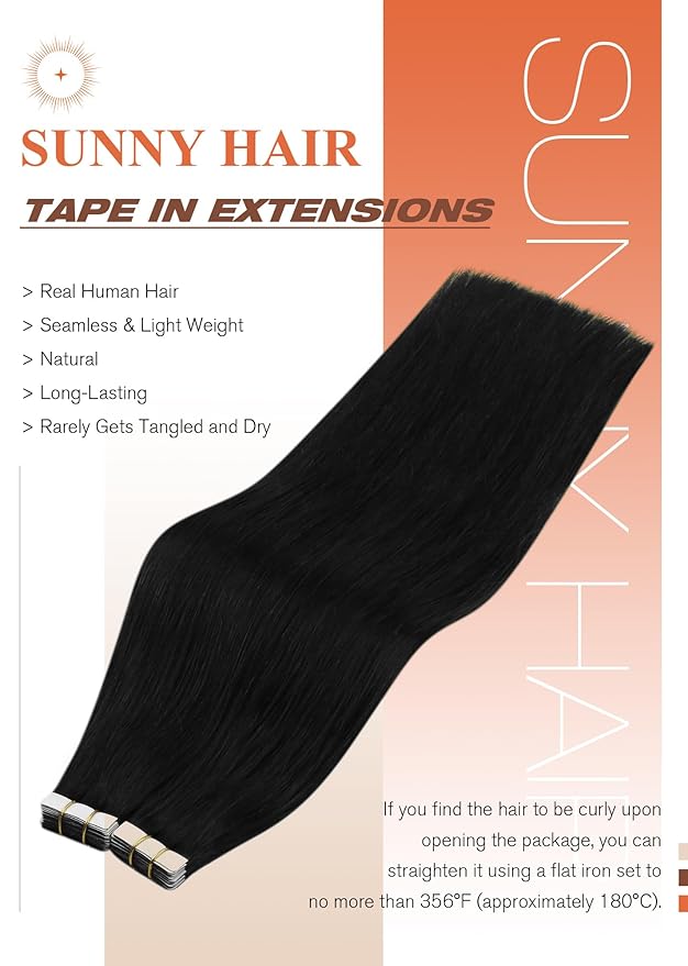 Sunny Hair Tape in Hair Extensions Human Hair 18inch Hair Extensions Real Human Hair Tape in Extensions for Women Jet Black Invisible Remy Hair Natural Straight Skin Weft Double Sided Tape 40pcs 100g