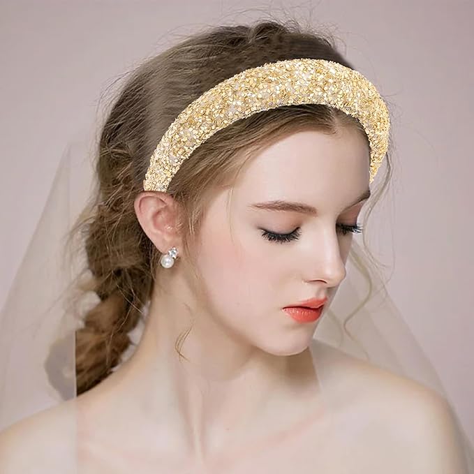 Gold Sparkle Headband for Women Fashion Glitter Wide Headbands Bling Comfortable High Elastic Head Band Hairband Hairhoop Hair Accessories for Women