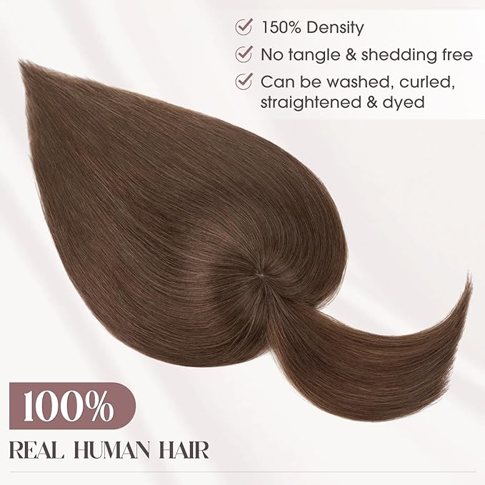 MY-LADY Human Hair Toppers for Women Real Human Hair with Bangs Thin 8.5 * 8.5CM Mono Base Clip in Remy Hairpieces Light Weight 12 Inch Chocolate Brown
