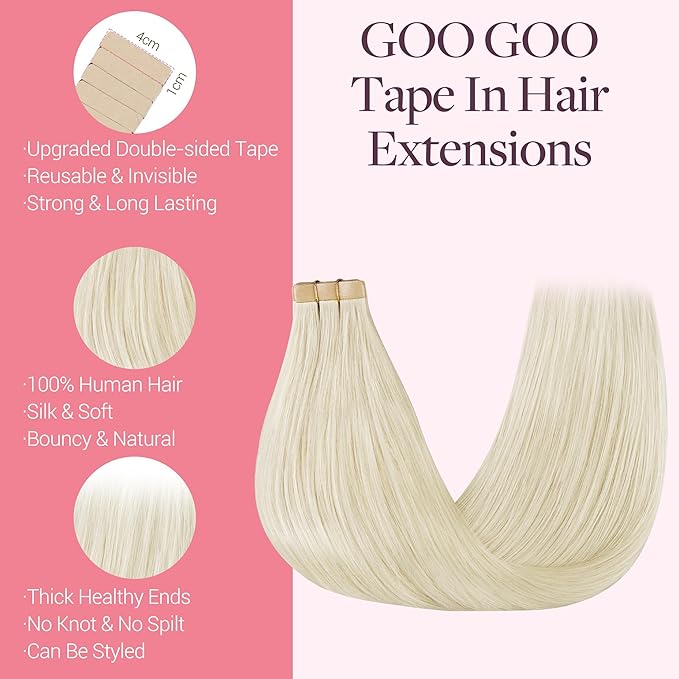 GOO GOO Tape in Hair Extensions Human Hair, 60A Platinum Blonde, 24inch 50g 20pcs, Skin Weft Seamless Invisible, Silky Straight with Thick Ends, Remy Human Hair