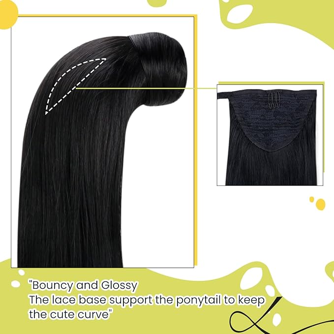 RUNATURE Human Hair Ponytail for Black Women, Real Hair Ponytail Extension, Long Ponytail Hair Extensions with Magic Paste, Wrap Around, Easy to Install, 20 Inch 80g #1 Jet Black