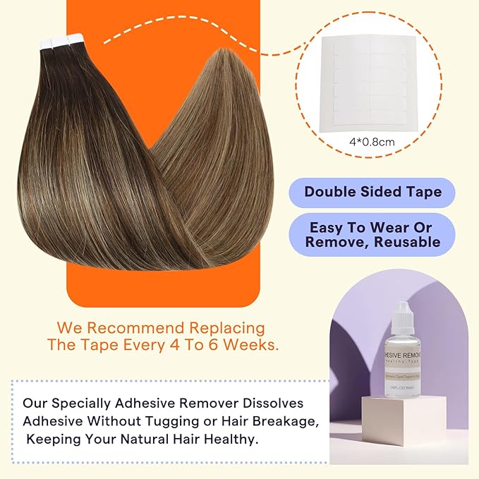 Full Shine Tape in Hair Extensions Human Hair Remy Hair 18 Inch Tape Extensions Color 2 Fading to 3 and 27 Caramel Blonde Balayage 50g Human Hair Extensions Tape Ins 20 PCS for Party