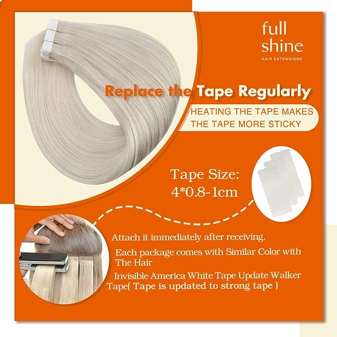 Full Shine Blonde Tape in Hair Extensions Human Hair Color 1000 Ice Blonde Double Sided Tape in Extensions Human Hair 14Inch Hair Extensions Real Human Hair for Women 50G Remy Natural Straight 20Pcs