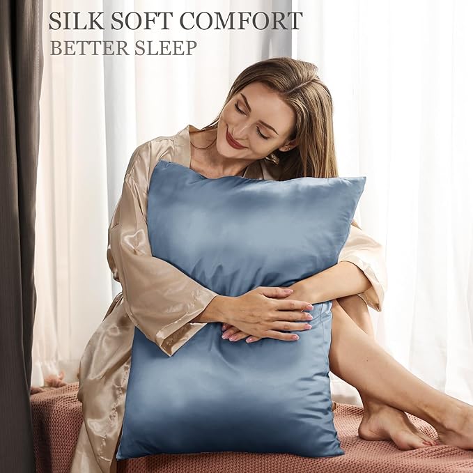 Adubor 100% Silk Pillowcase - Mulberry Silk Pillow Cases, 23 Momme 6A Grade Fibers, Silk Pillow Case for Hair and Skin Health, with Hidden Zipper (King 20''×36'', Gray Blue, 1PC)