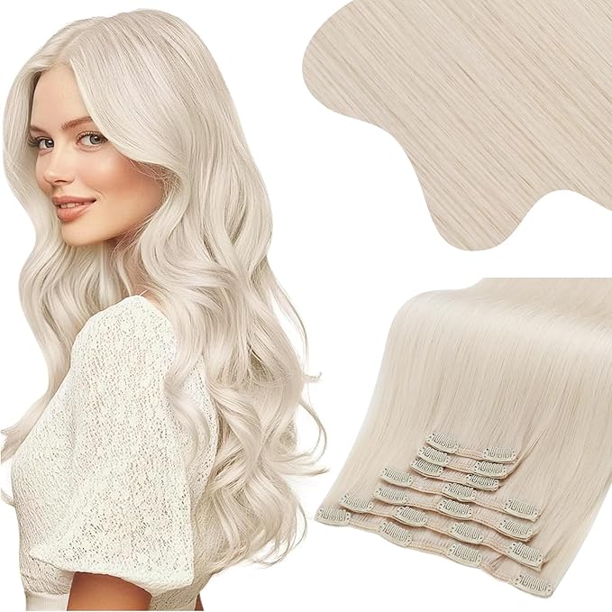 Moresoo Clip in Hair Extensions Real Human Hair Blonde Clip in Human Hair Extensions Platinum Blonde Full Head for Women 135g/7pcs 16 inch