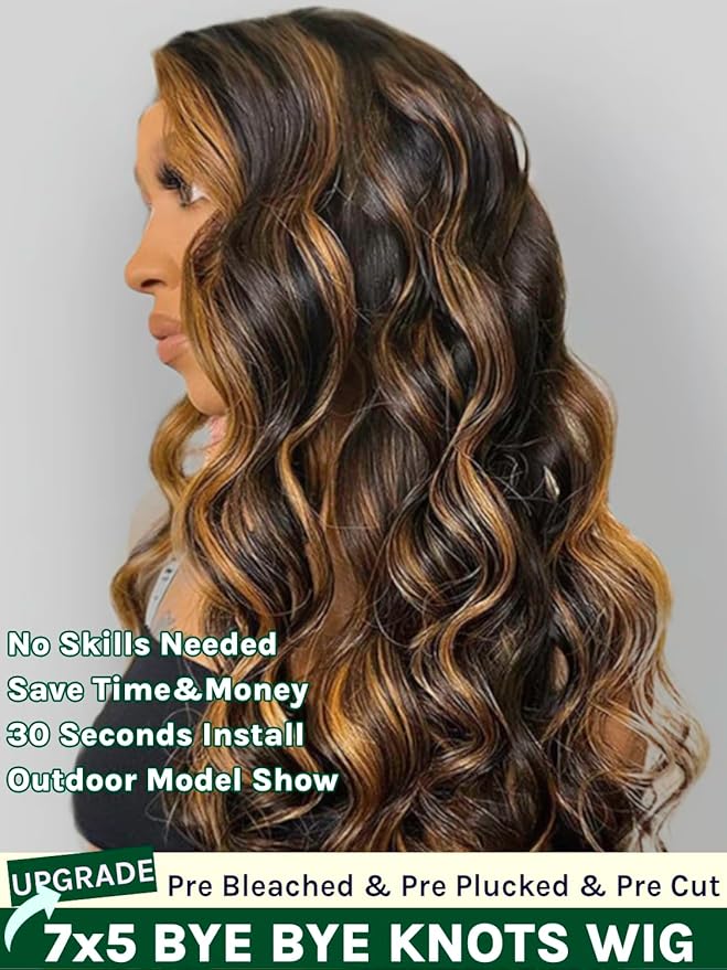 KLAIYI Bye Bye Knots Glueless Wig Ombre Brown Body Wave Pre Cut 7x5 HD Lace Front Wigs Human Hair Pre Plucked Pre Bleached Pre Everything Wear and Go Wig 12A Highlight Balayage 3S Ready To Wear 20Inch