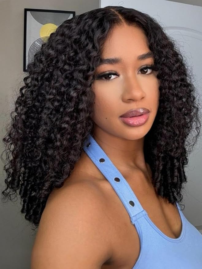 YIROO Burmese Bye Bye Knots Curly Wig Human Hair with Finger Coil Ends,Glueless Wig Human Hair Pre Plucked Pre Cut 7x5 Lace Front Wig Pre Bleached Wear and Go Beginner Friendly 150% Density 24Inch