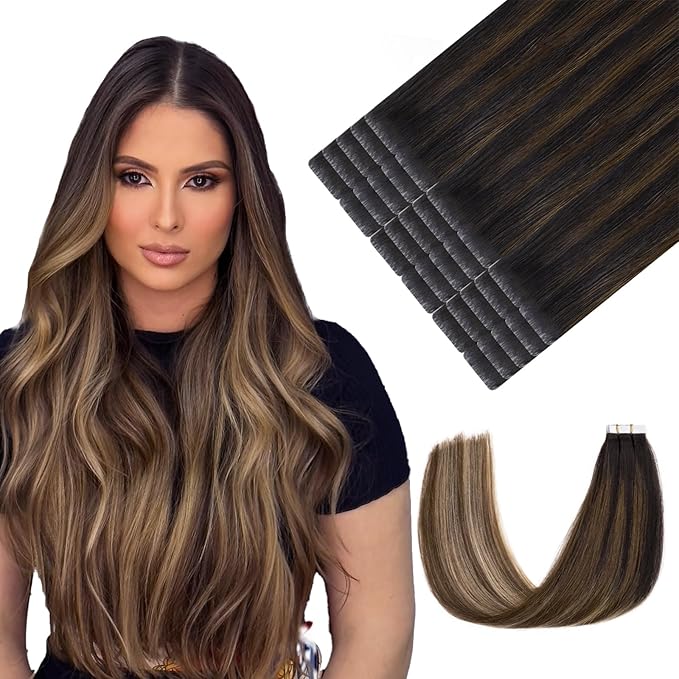 Youngsmile Invisible Tape in Hair Extensions Human Hair #1B/4/27 Natural Black to Chocolate Brown and Caramel Blonde Invisible Tape in Extensions Human Hair 20pcs 30g 14 Inch (#1B/4/27,14'')