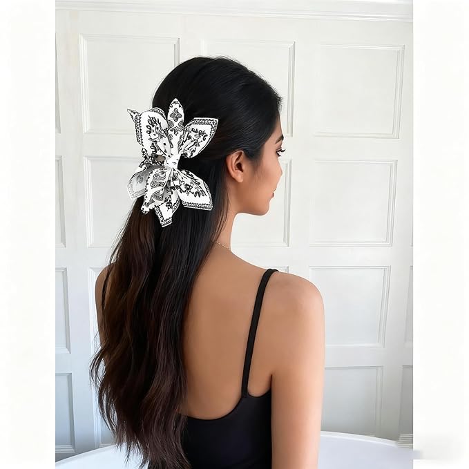 2Pcs Bow Claw Clips Boho Bandana Hair Bow Butterfly Styling Large Hair Clips for Women Large Claw Clips for Thick Hair (White+Black)