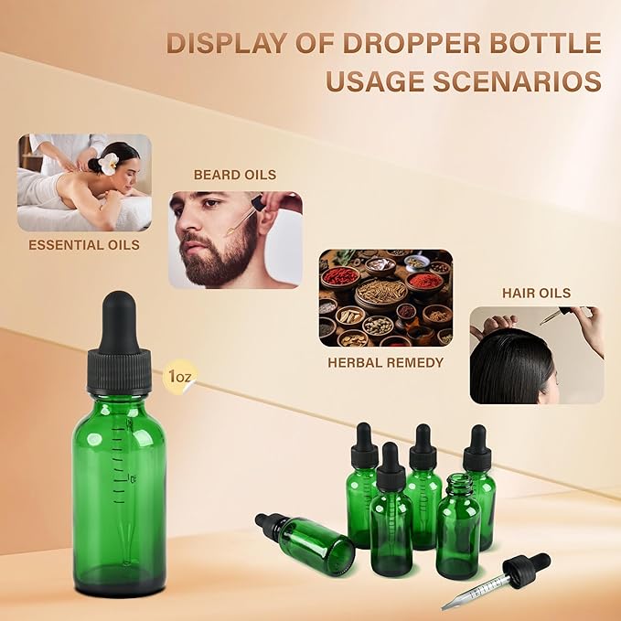 6 Pcs, 1oz Dropper Bottle, Green Glass Eye Dropper Bottle,Tincture Bottles with Dropper, Leak-Proof Design, Stronger Suction, for All Kinds of Mixed Liquids
