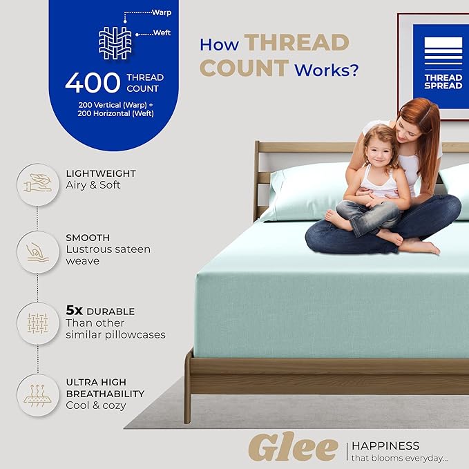 THREAD SPREAD 100% Cotton King Size Pillow Cases Set of 2-400 Thread Count Pillow Cases King Size Set of 2 (Sea Foam), Luxuriously Soft Hotel Quality Sateen Weave Pillowcases, Crisp & Cool