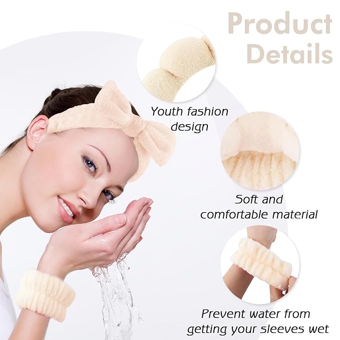 Zkptops 6Pcs Spa Headband for Washing Face Wristband Set Sponge Makeup Skincare Terry Cloth Headband Bubble Soft Get Ready Hairband Women Puffy Padded Headwear Non Slip Hair Accessory(Beige)