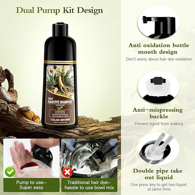 Brown Hair Color 3 in 1 Hair Dye Shampoo for Women Men Gray Hair Coverage, Natural Herbal Ingredients Semi-Permanent Hair Color Shampoo