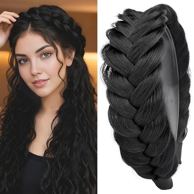 DIGUAN Wide Messy Braided Headband With Teeth Synthetic Hair Plaited Headband High Elasticity Braids Chunky Fishtail Braided Hair Band Hairpiece for Girls Women (Natural Black)
