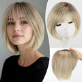 EMMOR Human Hair Toppers for Women Short Bob Real Hair with Bangs 10" Side Part Hairpieces for Women with Thin Hair 6.5" × 6.5" Larger Base Human Wig Toppers(Ombre Gray Blonde)