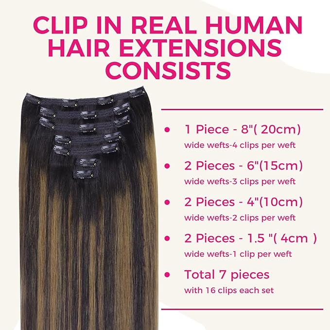 Lashey Clip in Hair Extensions Human Hair 120g 7pcs Straight Clip in Hair Extensions 14 Inch Natural Black Mixed Chestnut Brown Real Human Hair for Black Women Soft