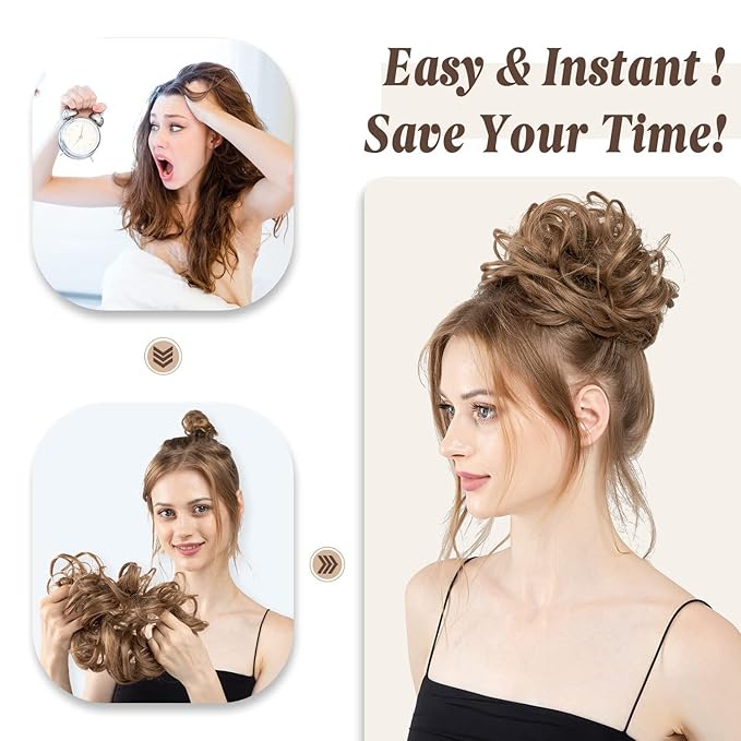 CJL HAIR Large Messy Bun Hair Piece Wavy Curly Scrunchies Synthetic Chignon Ponytail Hair Extensions Thick Updo Hairpieces for Women Nut Multi