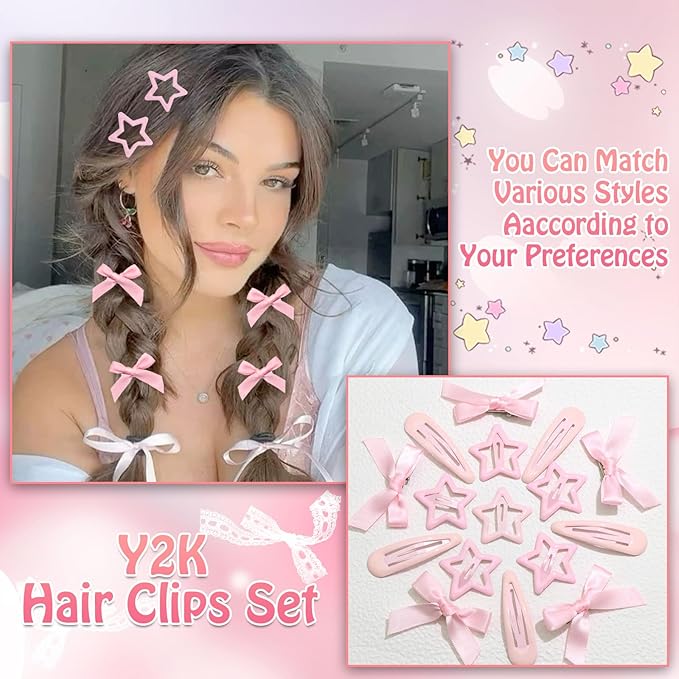 24Pcs Pink Mini Bow Hair Clips Y2K Star Snap Hair Barrettes Water Drop No Slip Hair Clips for Women Small Hair Bows Cute Bowknot Star Hair Pins Accessories for Girls