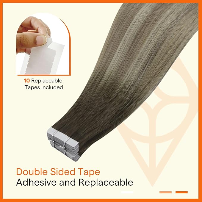 Full Shine Insert Tape in Hair Extensions Color 4 Medium Brown Fading To 7 Brown and 80 Blonde Hair Extensions 24 Inch Invisible Virgin Tape in Extensions Intact Aligned Cuticles 10Pcs 25Grams