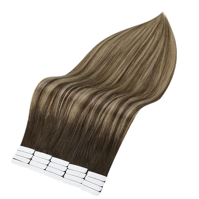 Full Shine Tape in Extensions Balayage Seamless Remy Tape in Hair Extensions Human Hair Color 2 Darkest Brown Ombre 3 Highlight 27 Honey Blonde Invisible Hair Extensions Tape ins 14Inch 20Pcs 50G